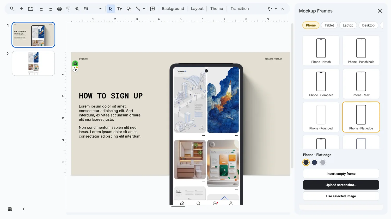 The Mockup Frames sidebar open in Google Slides™, with a phone mockup inserted into a slide.